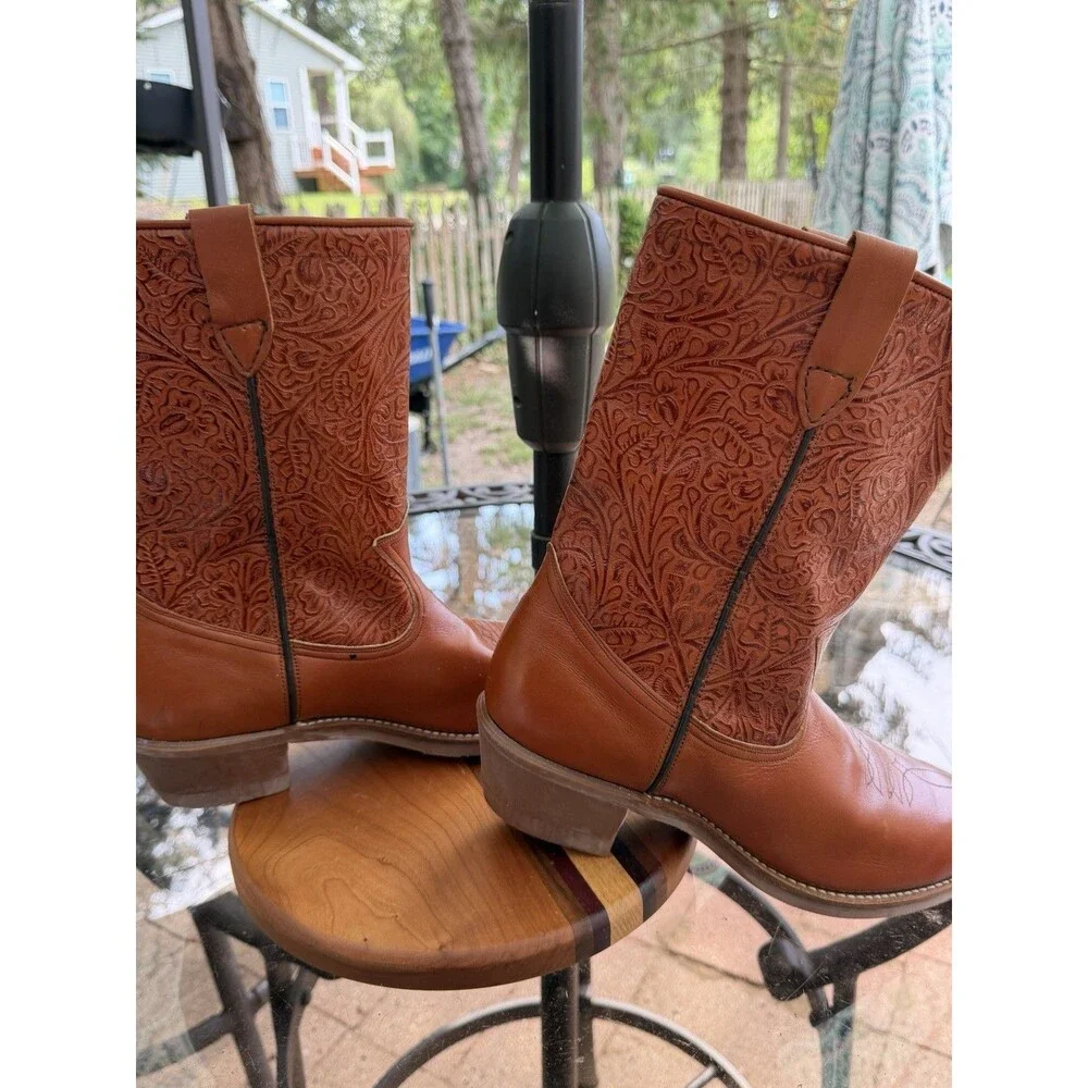RAS men's Brown Tooled Leather Pull-On Western Cowboy Boots US 10.5c narrow